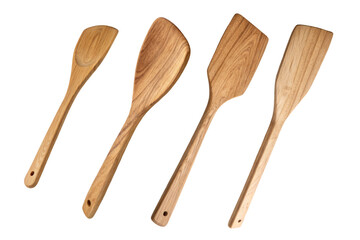 wooden kitchen utensils, srt of different sizes spatula on transparent background 
