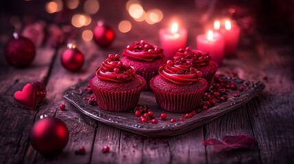 Festive red velvet cupcakes adorned with cranberries.