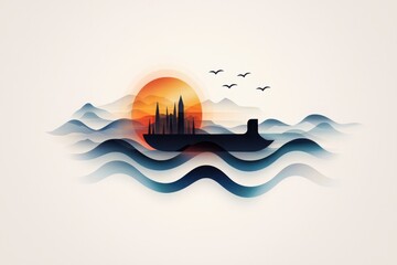 A stylized landscape featuring a ship sailing on waves, with a vibrant sunset and mountains in the background.