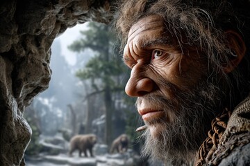 Caveman in rocky cave observing bears in prehistoric forest setting, neanderthal people concept