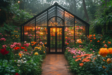 Glass Greenhouse Full of Lush Blooming Flowers in a Tranquil Urban Spring Garden