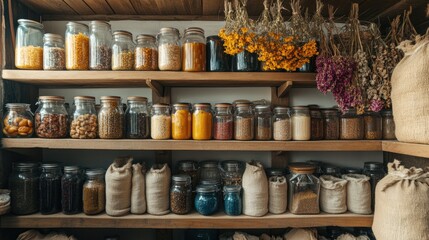 Fototapeta premium Colorful jars filled with ingredients line rustic wooden shelves