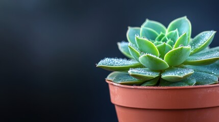 Close-up of a succulent plant in a terracotta pot with water droplets against a dark background