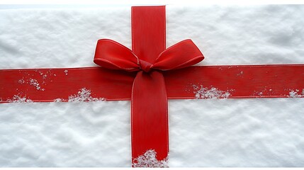A festive gift wrapped in red ribbon, dusted with snow.