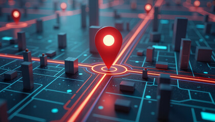 Glowing city map with red location pin, futuristic navigation design