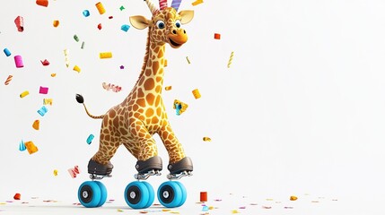 Happy giraffe on roller skates amidst confetti.