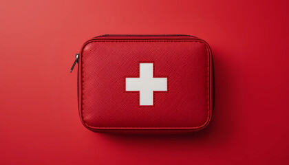 Obraz premium A red first aid kit featuring white cross, symbolizing emergency preparedness and healthcare essentials, isolated on red background. Conveying safety, readiness, and health