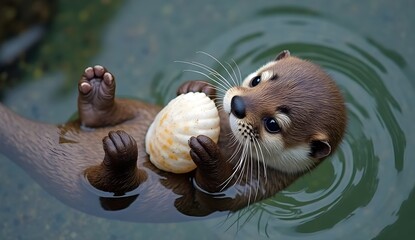 Obraz premium Charming sea otter pup in a peaceful water scene, playing with a clam.