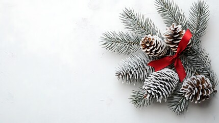 Festive christmas decorations with snowy pine cones and branches.