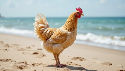 Chicken on sandy beach by ocean