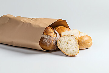 Assorted breads spill from a kraft paper bag, a delicious display of carbohydrates against white.