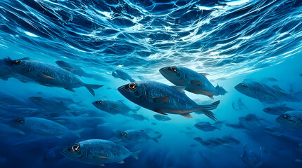 School of fish swimming under water of sea. Underwater life. World ocean day concept. AI illustration for banner, backdrop, wallpaper, flyer, brochure, poster, background, campaign.
