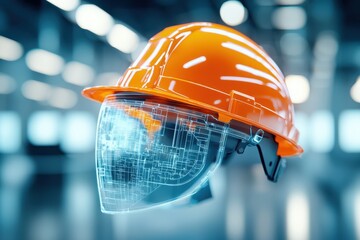 A futuristic orange safety helmet with a digital visor, symbolizing innovation in personal protective equipment and workplace safety.