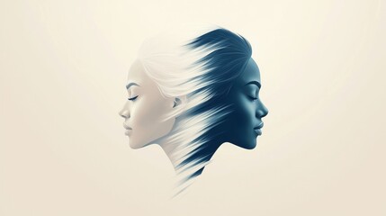 Fototapeta premium Two stylized profiles face each other, blending into flowing hair, creating a harmonious contrast of light and dark.