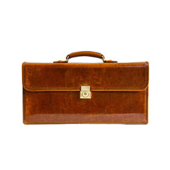 a vintage brown leather briefcase with a metal clasp and handle is displayed against a light gray background.