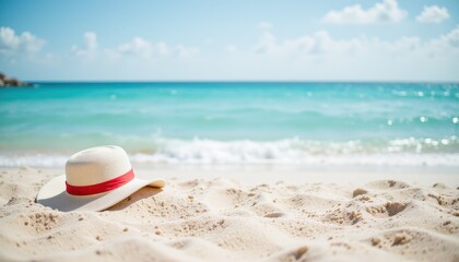 Beach hat on sand, ocean view