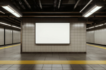 Subway station platform with blank billboard for advertising, with tiled walls and yellow safety line.