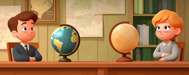 Elementary school activities 3D concept Two children with globes discussing geography in a classroom setting.