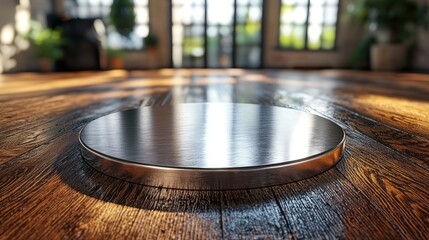 Fototapeta premium Reflective Metal Disk on Rustic Wooden Surface