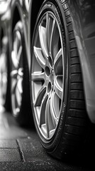Sleek automobile tires and rims captured in monochrome perspective