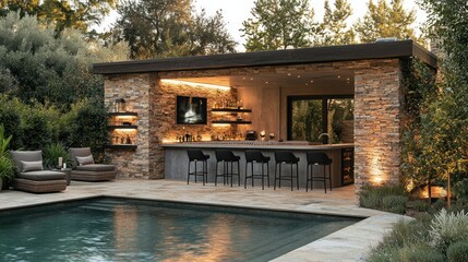 Luxurious outdoor poolside bar with stone facade, integrated lighting, and comfortable seating