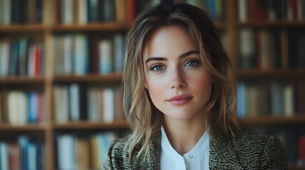 Young Caucasian businesswoman with blue eyes and wavy blonde hair wearing green blazer stands confidently against library bookshelf background in professional setting.
