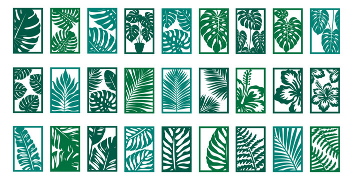 Tropical leaves wall art set.  Laser cut template. Wall art vector illustration.