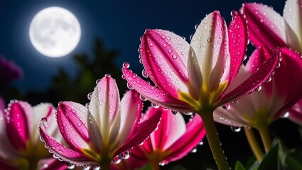 Moonlit Tulips with Dew Drops