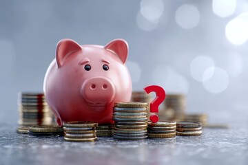 Conceptual image of a piggy bank surrounded by coins and a red sign featuring a question mark