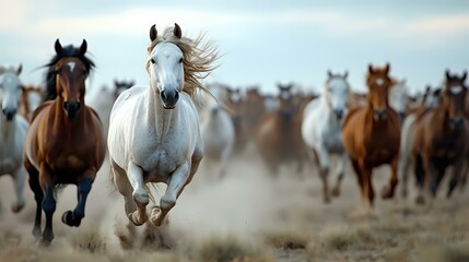Obraz premium Wild horses galloping across dusty plains, white stallion leading herd of brown and gray horses running at full speed, manes flowing in wind, dramatic action scene.