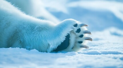 Fototapeta premium Close-up of a polar bear paw covered in frost resting on a snowy surface, showcasing sharp claws and fine fur details with a serene winter background