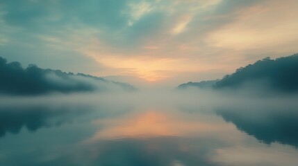Fototapeta premium Calm scenic landscape showing water and mist at sunrise
