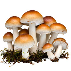 a cluster of smooth cap mushrooms grows from a bed of green moss against a plain white background.