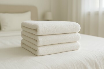 Neatly Stacked White Towels on a Bed in a Minimalist Room Setting