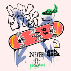 new york grafiti text print design. text with sketing. caliography skate prints.  Skater with skateboard. skete t shirt design. urban skate artwork. © sumonsharif