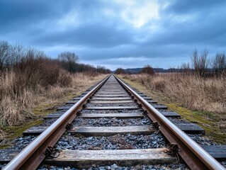Fototapeta premium Railway tracks vanishing into the horizon with symmetrical perspective and overcast lighting