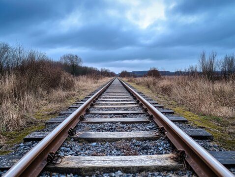 Railway tracks vanishing into the horizon with symmetrical perspective and overcast lighting
