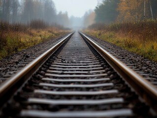 Obraz premium Railway tracks vanishing into the horizon with symmetrical perspective and overcast lighting