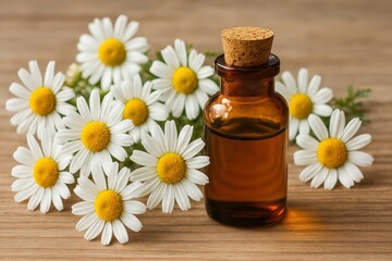 Chamomile Flowers with Essential Oil in Glass Bottle on Wood Surface
