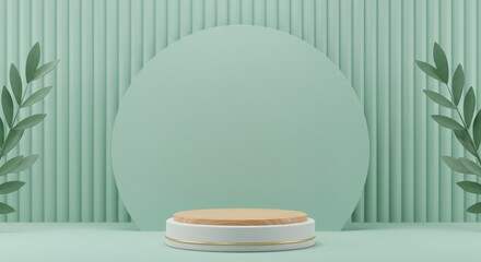 Minimalist pastel product display featuring a wood and gold stand against a soft green backdrop with foliage