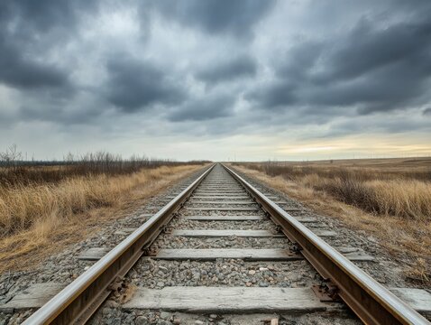 Railway tracks vanishing into the horizon with symmetrical perspective and overcast lighting