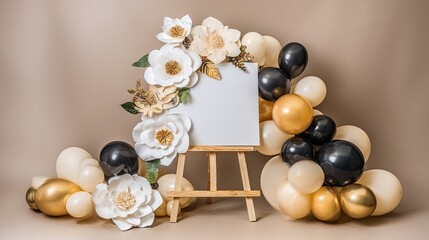 an easel with white paper flowers