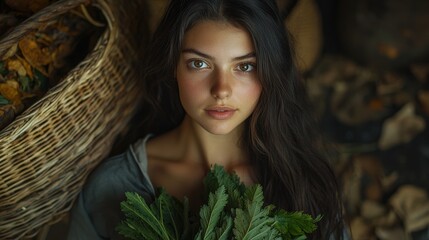 Sun-dappled portrait of a woman with dark hair, cradling fresh leaves. A rustic tree trunk and fallen leaves create a serene, autumnal scene