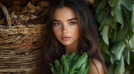 Naklejka premium Lost in autumn's embrace. A woman playfully hides behind vibrant green leaves amidst a cozy pile, framed by a textured tree trunk