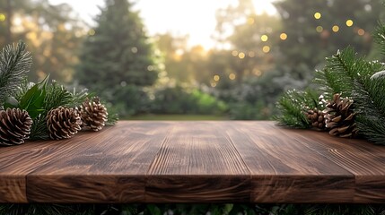 A rustic wooden table adorned with christmas greenery and pinecones, bathed in warm, ambient light.