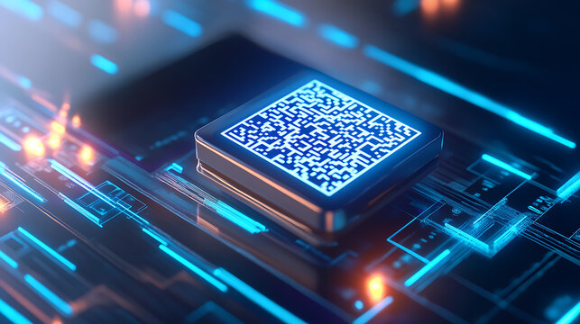 Innovative qr code technology on microchip digital era graphic design futuristic environment close-up view - Powered by Adobe