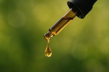 Close-Up of a Dropper with Essential Oil Against a Green Background