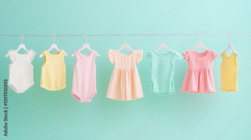 Poster Delicate baby clothing hangers display an array of tiny dresses and shirts on a soft vibrant background for a dreamy, clean aesthetic