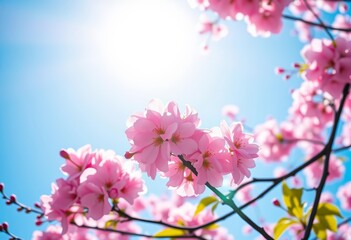Fototapeta premium Sunlit cherry blossoms, vibrant pink against azure spring sky; budding and full blooms , flowers, floral