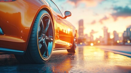 A vibrant orange sports car on a wet road at sunset